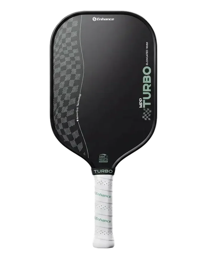Black Enhance MPP Turbo ArmorGrit Elongated paddle with a textured face and pale grip on a transparent background