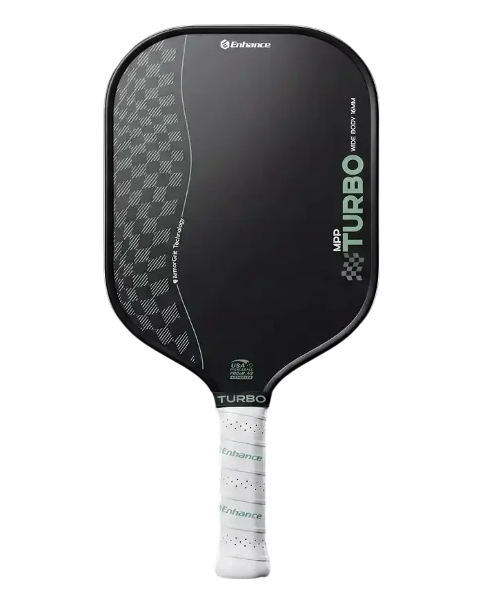 Black Enhance MPP Turbo ArmorGrit Widebody paddle with white grip, isolated on a transparent background