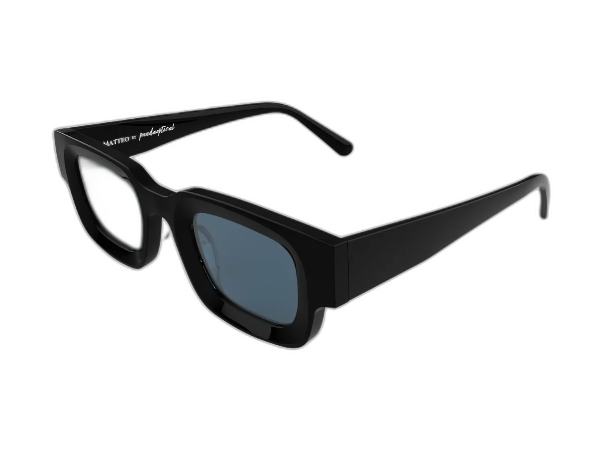 PandaOptical Matteo Sky-Black square sunglasses with blue-gray lenses.