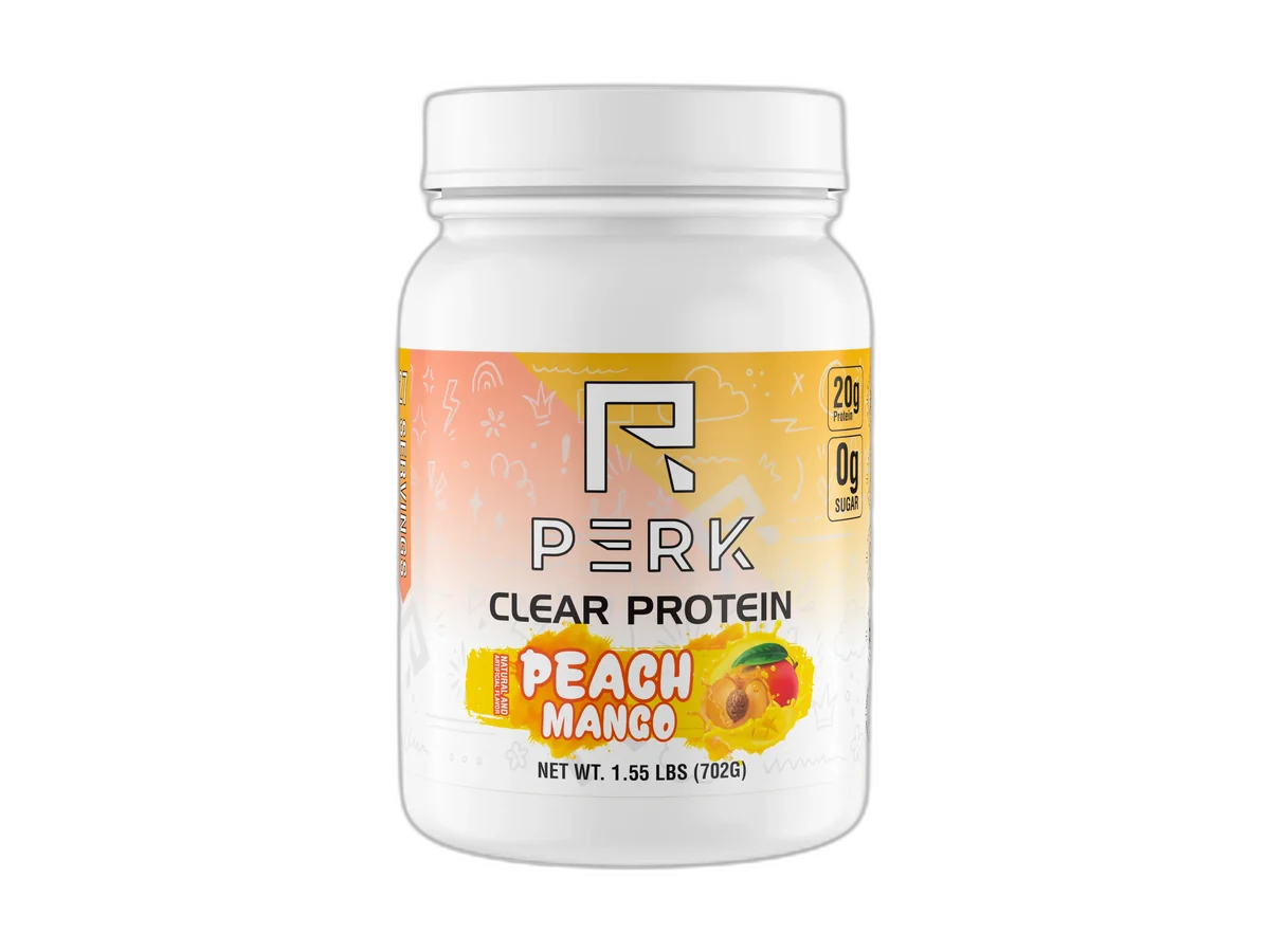 Perk Hydration Peach Mango Clear Protein tub cut out on a transparent background