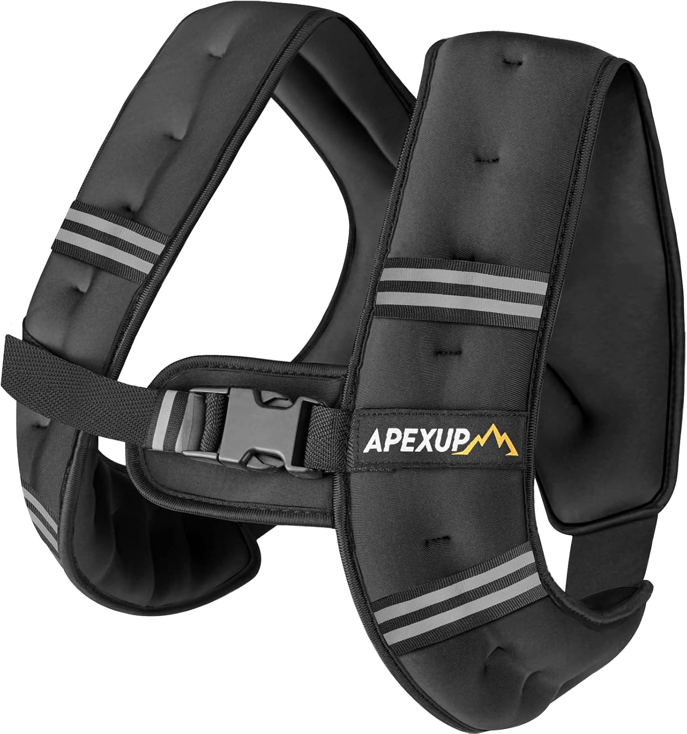 APEXUP weighted vest with reflective stripes and front buckle straps, shown on a white studio background.