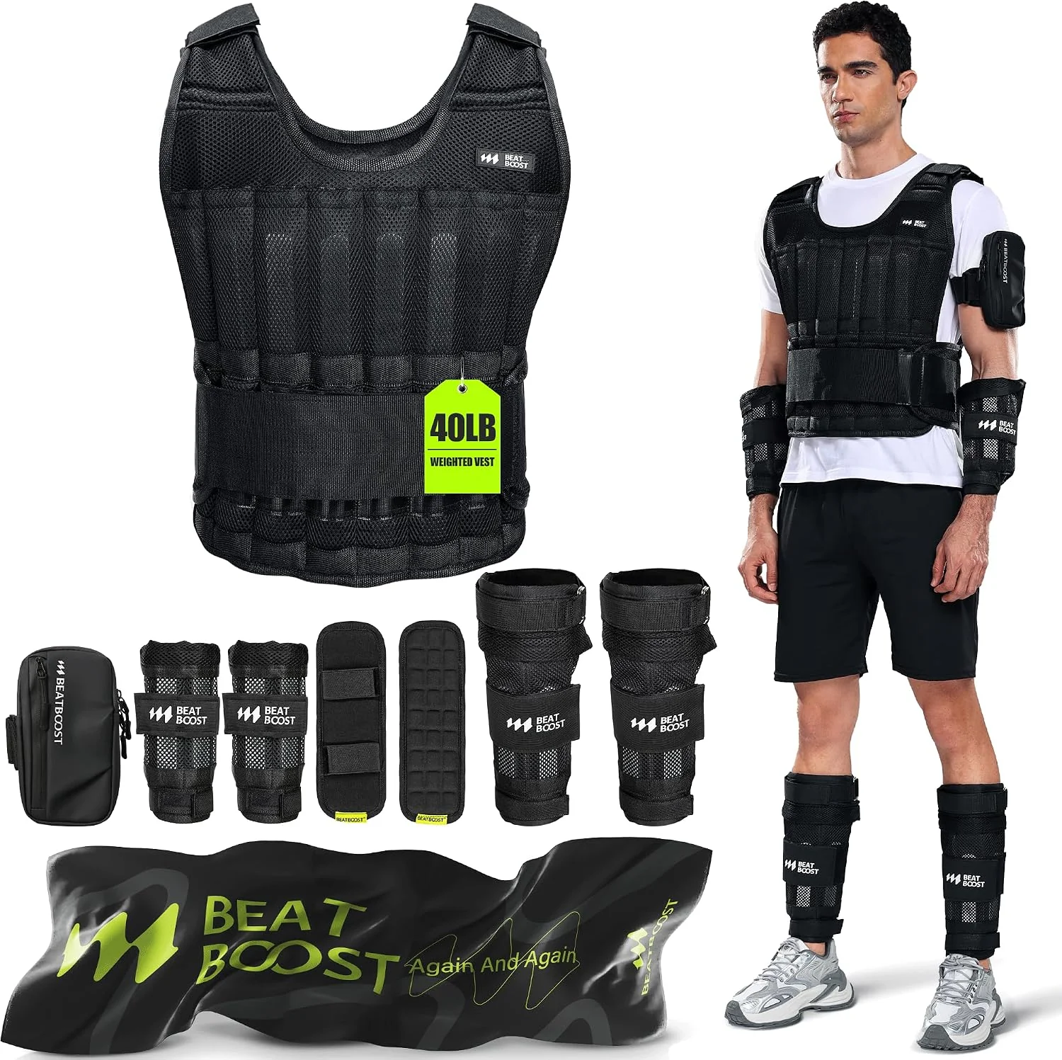 BeatBoost weighted vest bundle showing the vest, wrist and ankle weights, carrying pouch, and model wearing the set