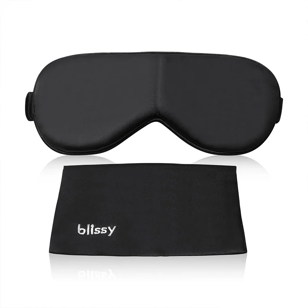 Black silk Blissy sleep mask and matching pouch.
