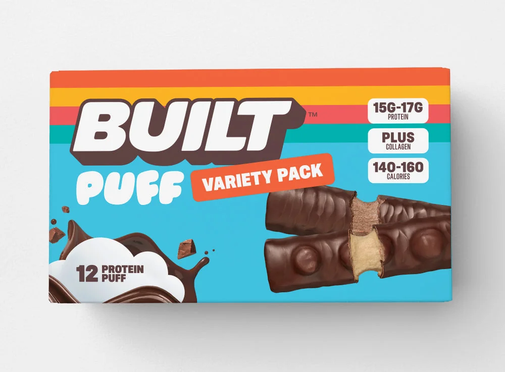 BUILT Puff Variety Pack product box with protein bars.