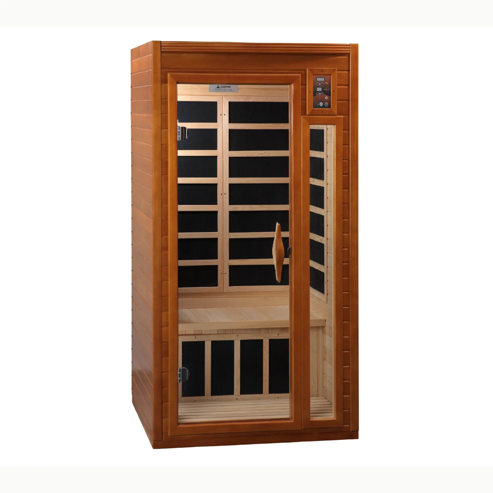 Front view of the Dynamic Barcelona Elite infrared sauna cabin with its glass door and wood frame.