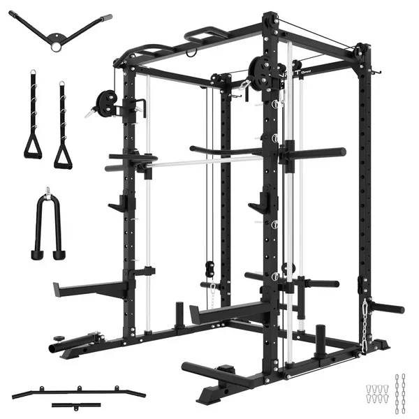 Black EonfitOmni E3 2.0 Smith Machine with its included rack, cable attachments and bars on a white background