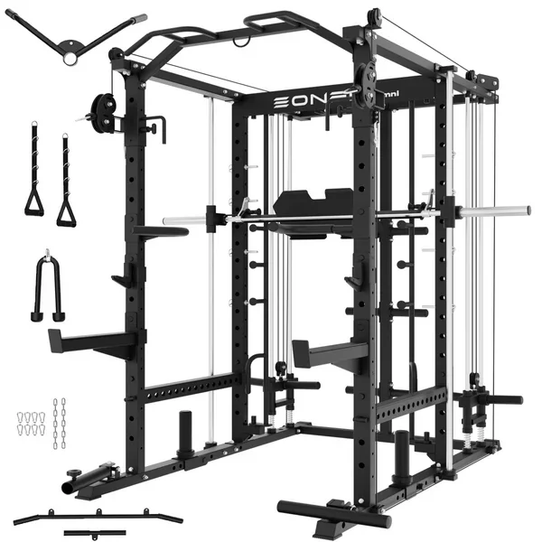 Black EonfitOmni E5 2.0 multi-function Smith machine with its included attachments on a white background