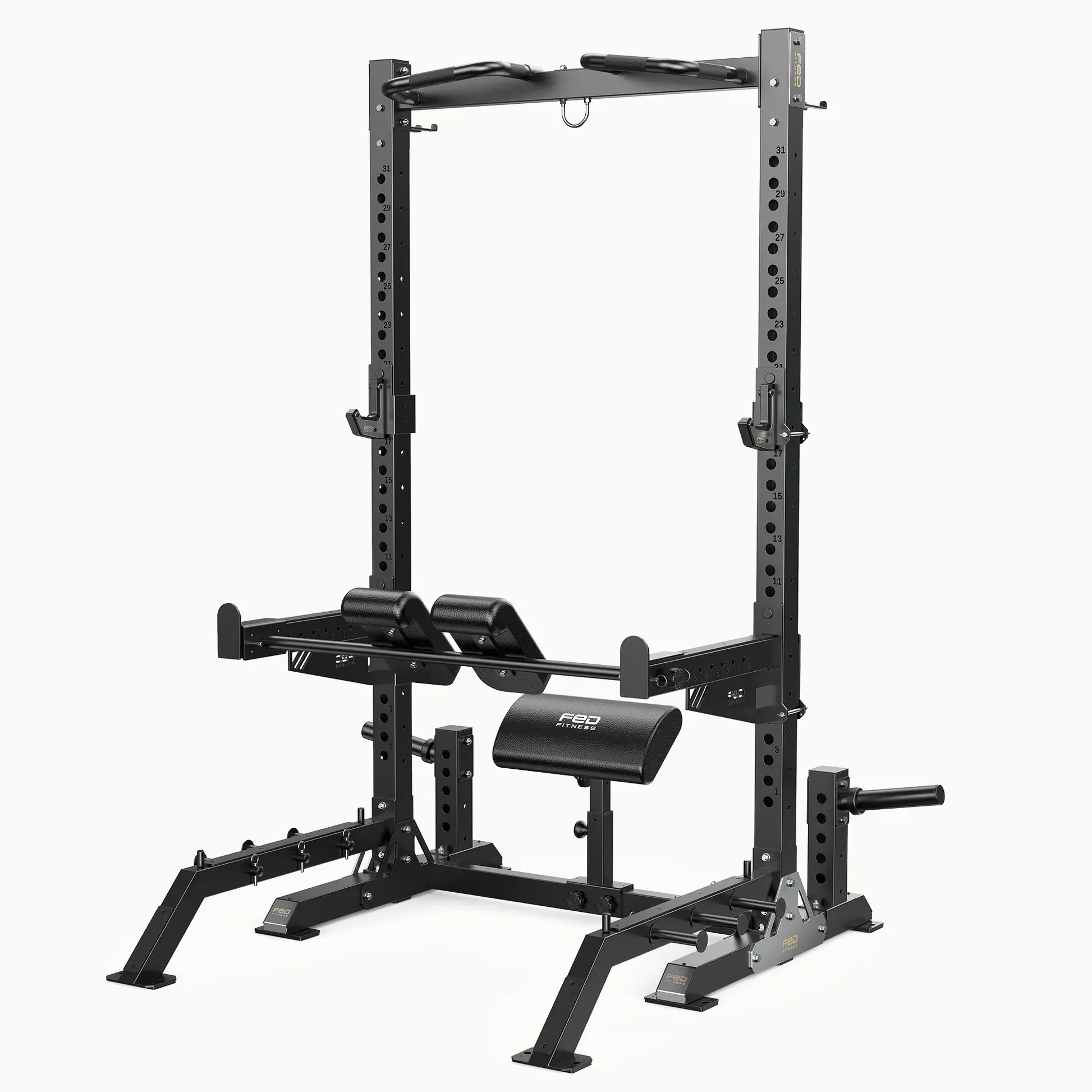 FED Fitness SR2 all-in-one squat rack with pull-up bars and attachments.