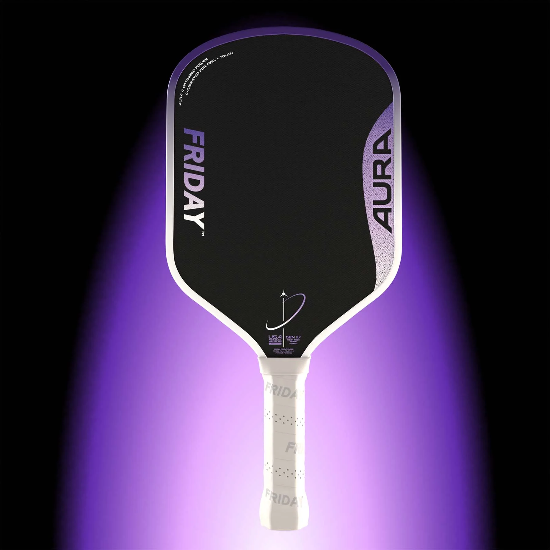 Friday Aura Hybrid Lunar pickleball paddle on its official purple product background