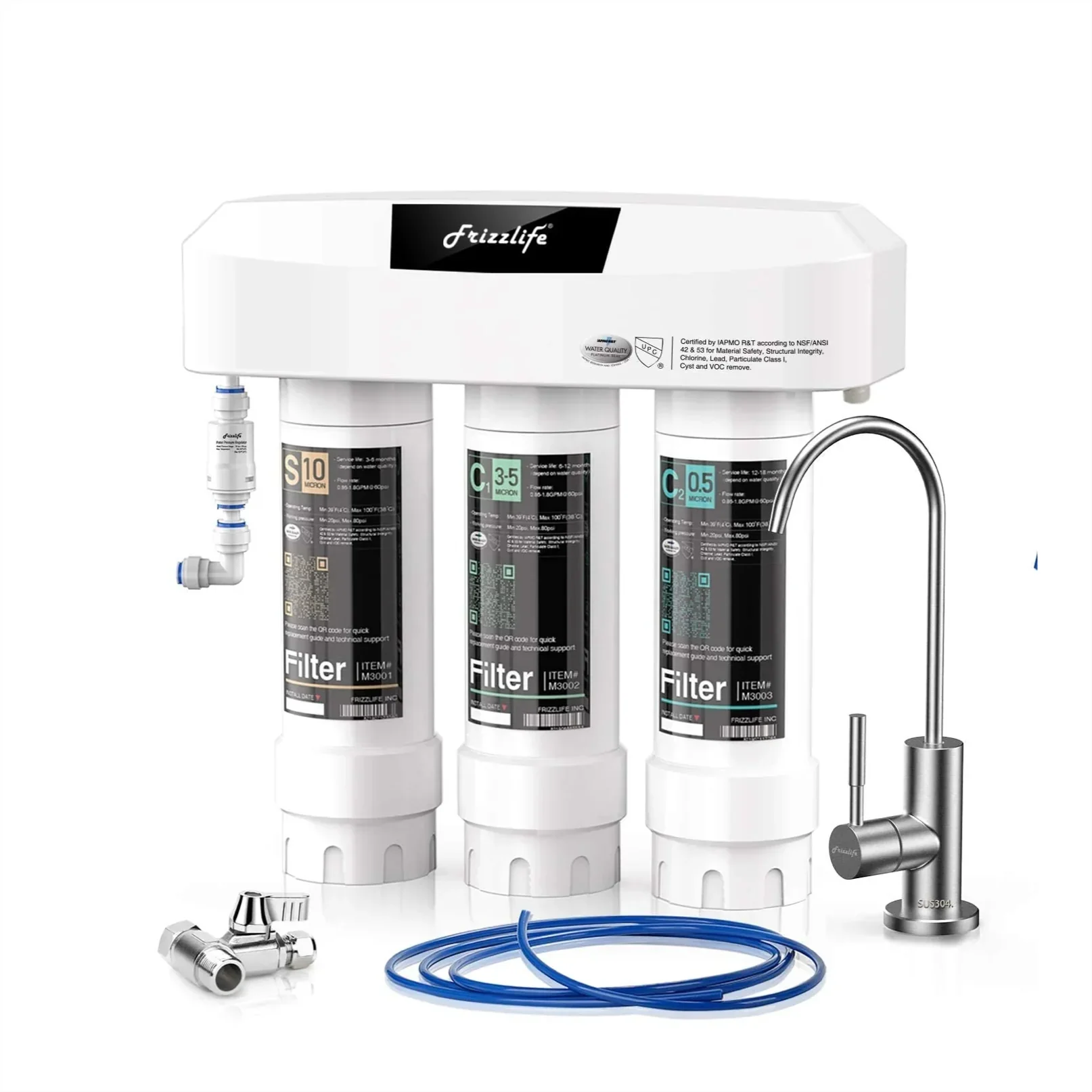 Frizzlife SP99-NEW under-sink filter system, cartridges, faucet, and fittings on a white background.