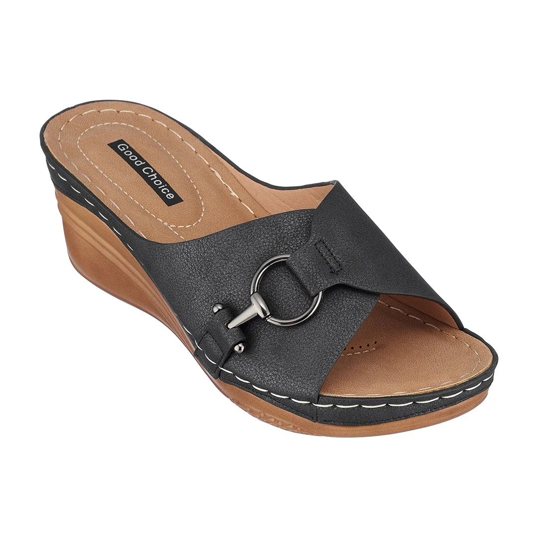 GC Shoes Bay black faux-leather wedge sandal photographed on a white studio background.