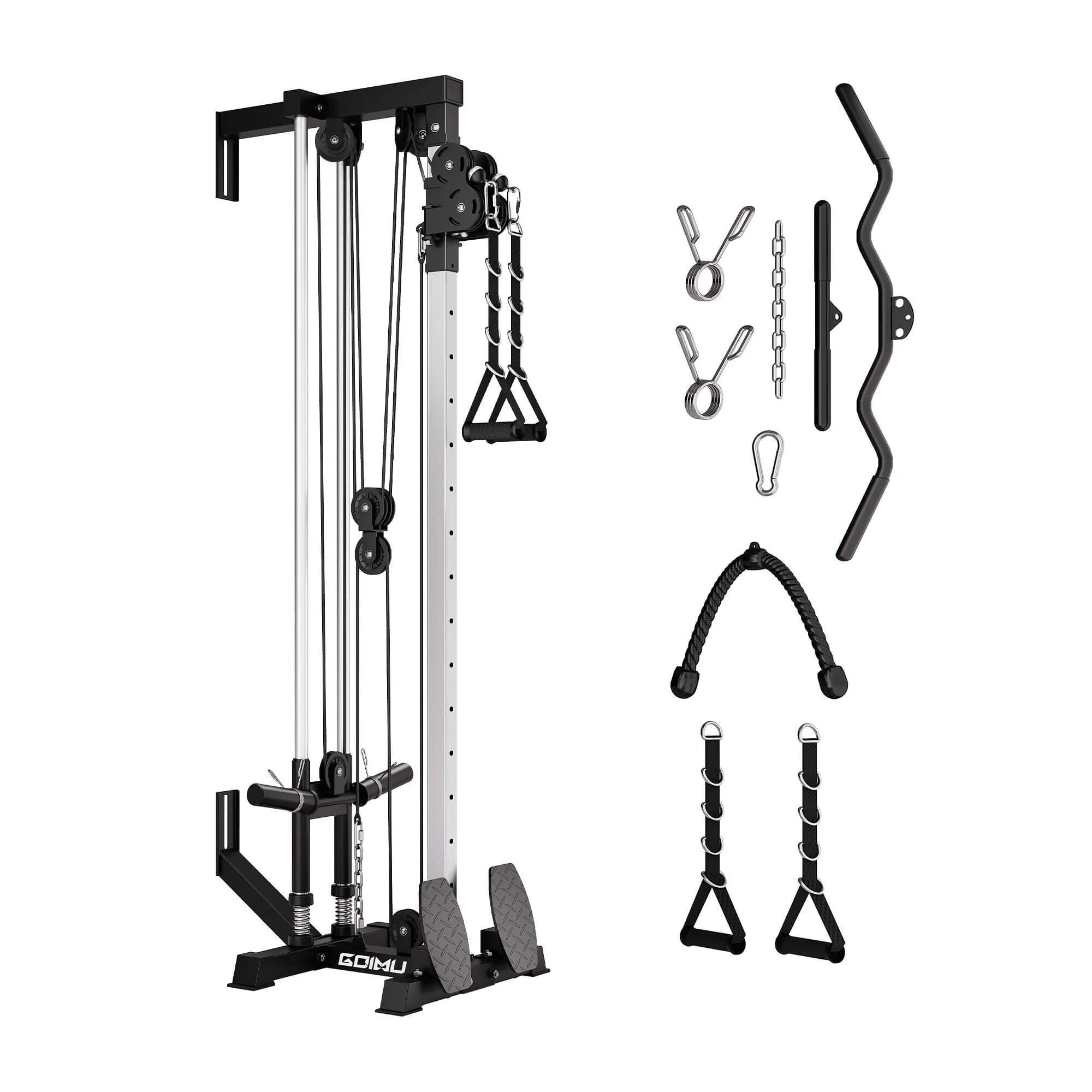 Black GOIMU WM1 wall-mounted cable station with its listed cable attachments.