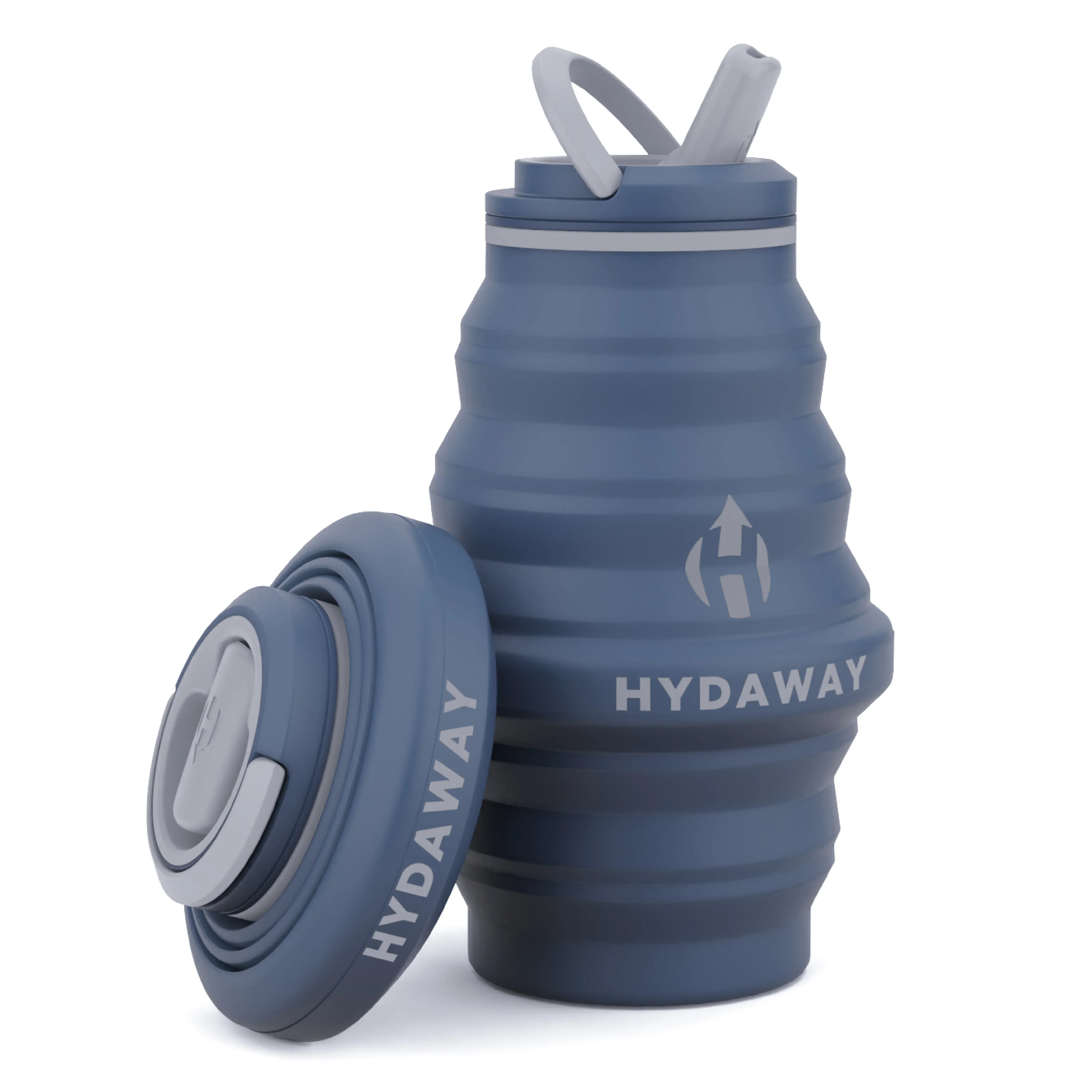 HYDAWAY collapsible bottle expanded beside its folded form in the official studio product photo.