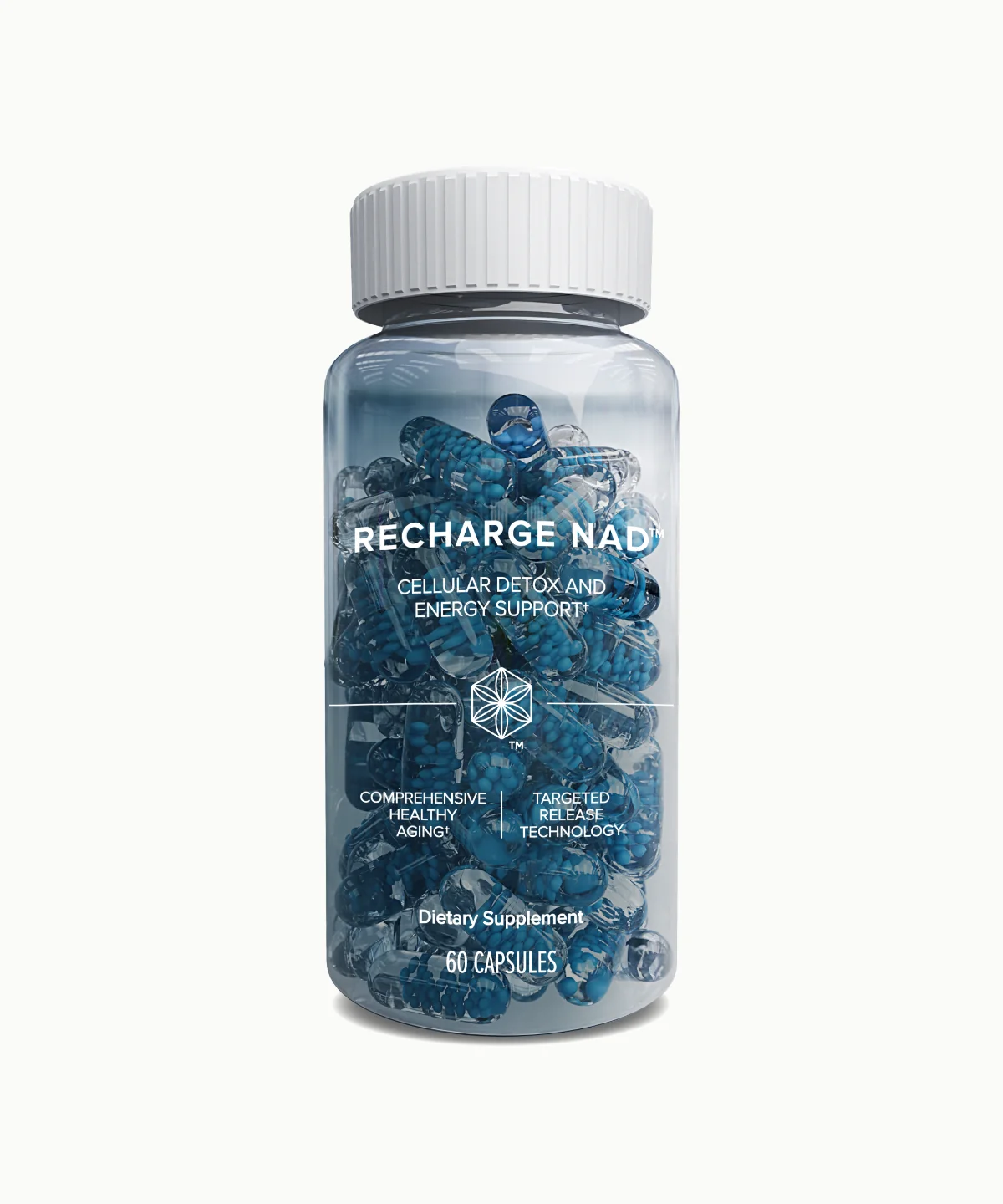 Isagenix Recharge NAD bottle with blue and clear targeted-release capsules.