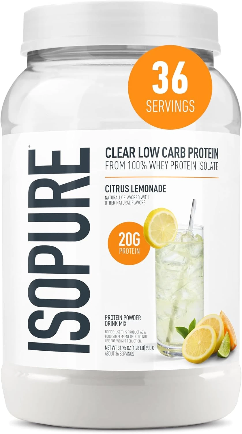 Isopure Clear Whey Citrus Lemonade protein powder tub.