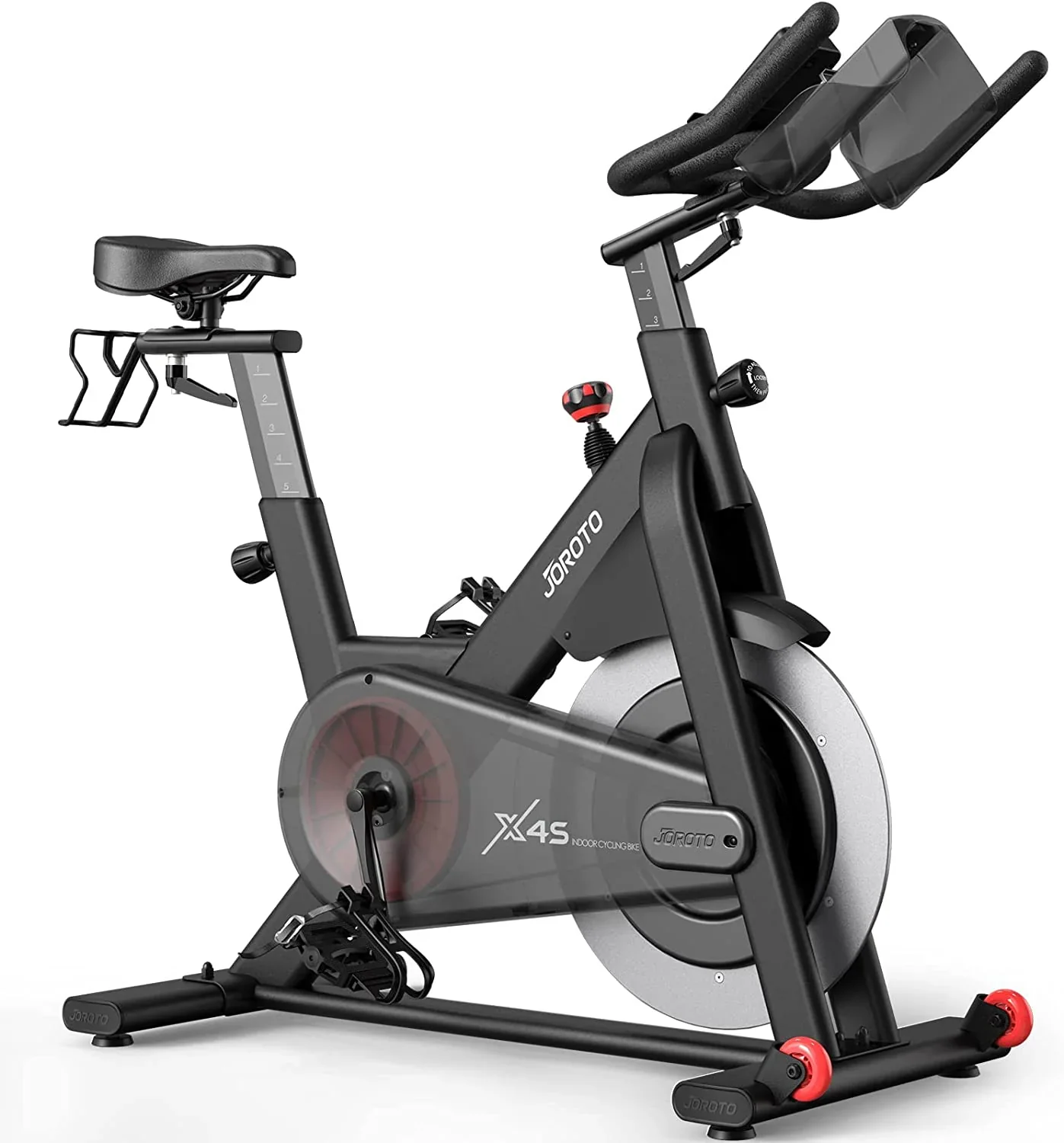JOROTO X4S exercise bike on its original white background, with an official composite showing adjustable handlebar positions