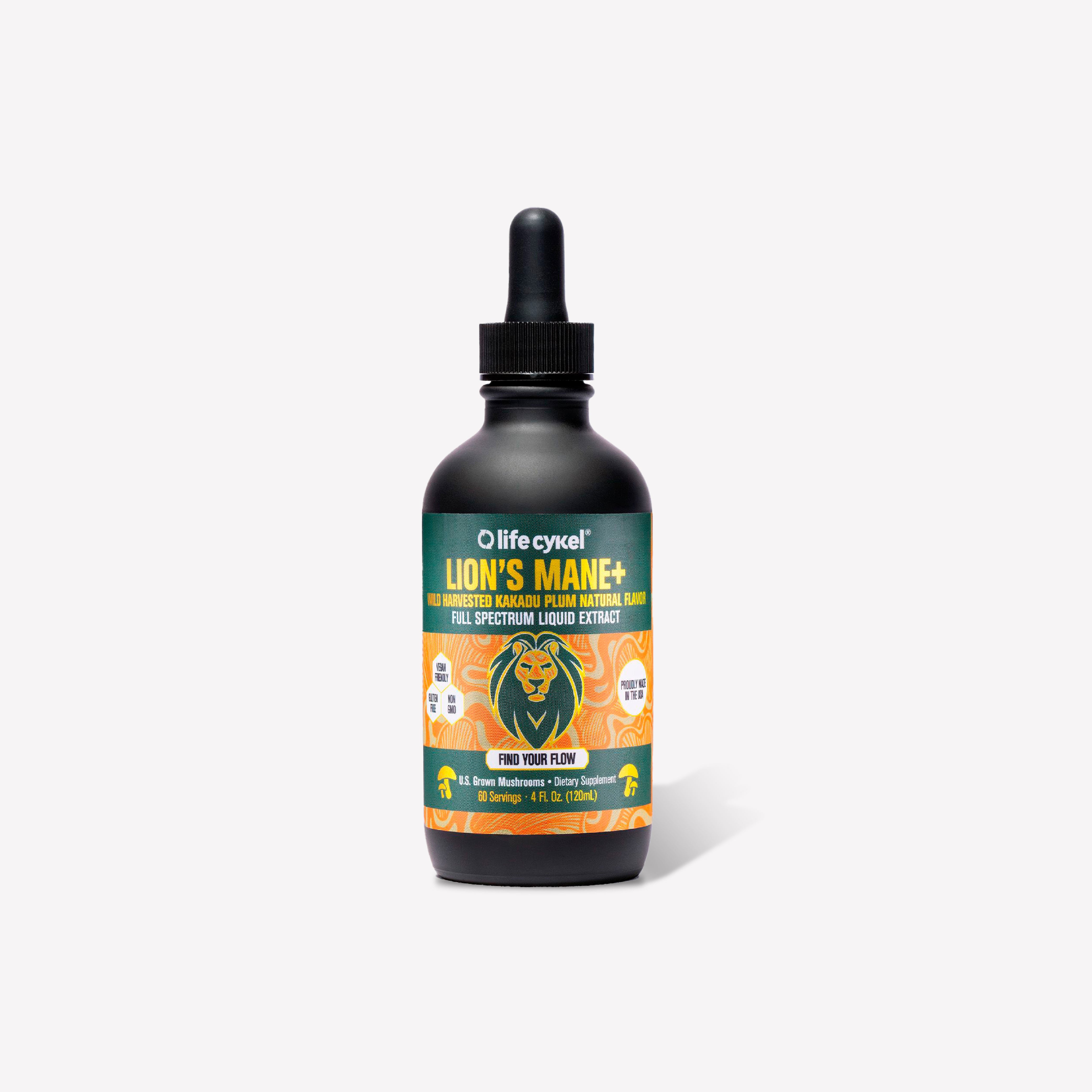 Life Cykel Lion’s Mane+ liquid extract in a black 4 oz dropper bottle against a clean studio background.