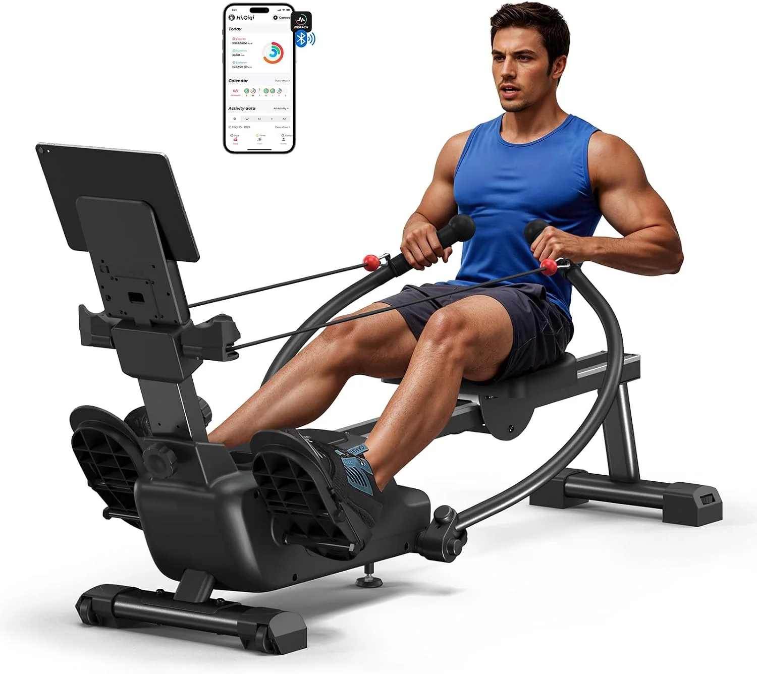 MERACH RS3 magnetic rower with its display and a model using the machine, on the original white background