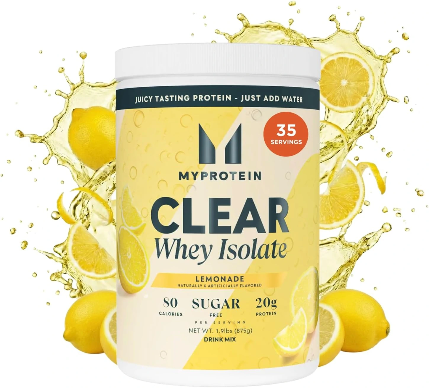 Myprotein Clear Whey Isolate Lemonade protein powder tub with lemon splash artwork.