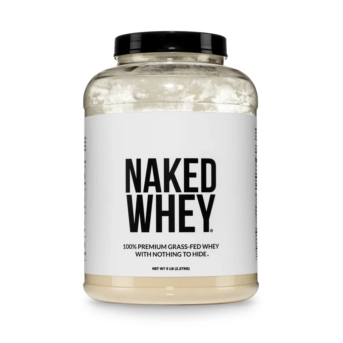 Naked Whey grass-fed whey protein powder five-pound tub.