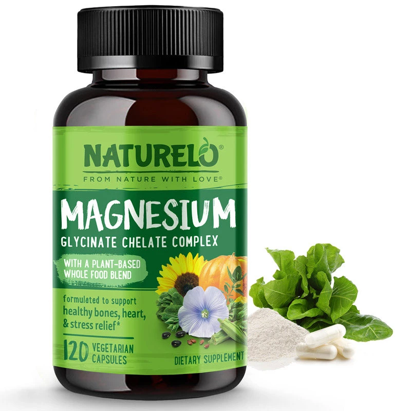 NATURELO Magnesium Glycinate Chelate Complex bottle, 120 vegetarian capsules, shown with leafy greens and capsules on a white background.