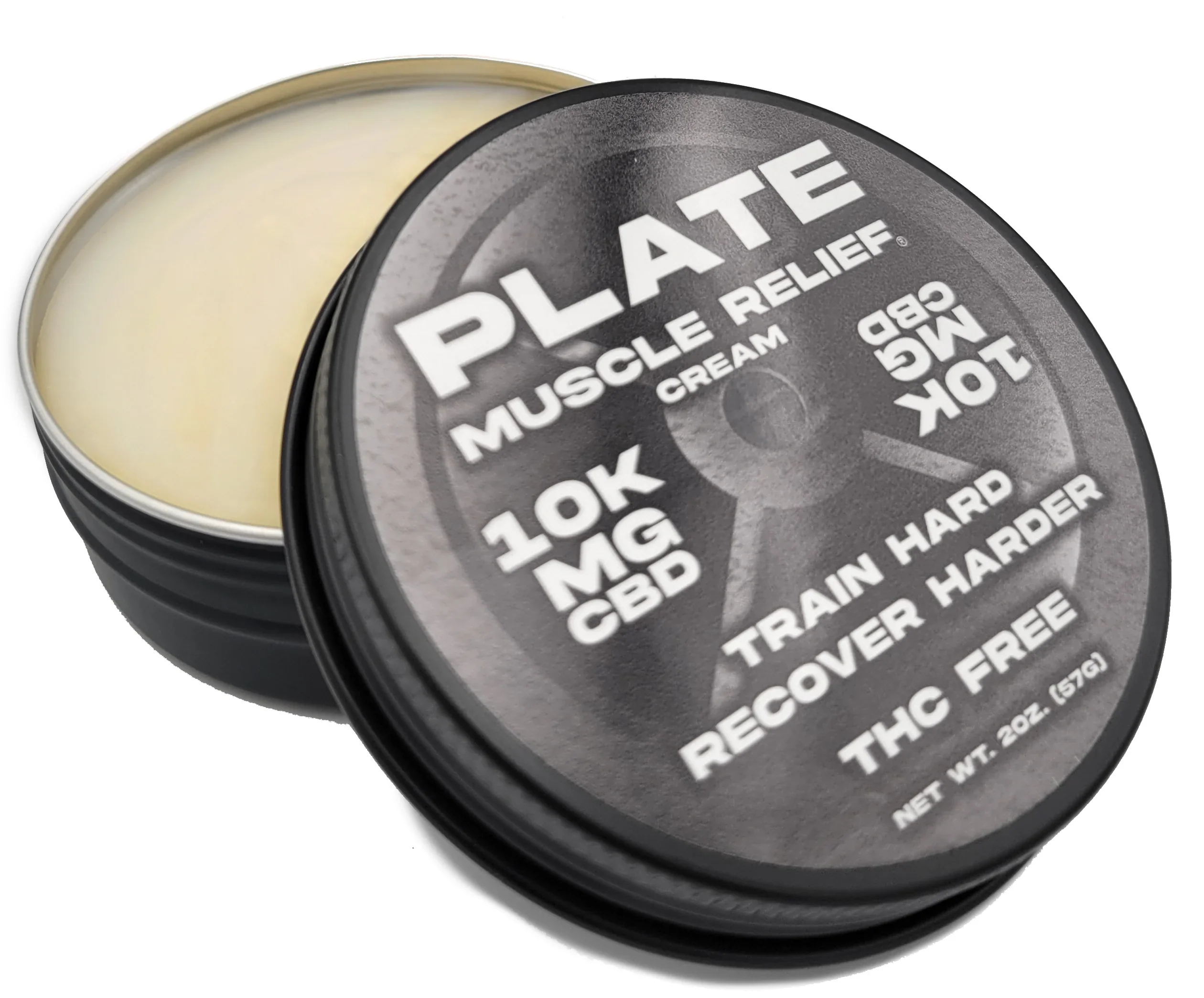 Plate Muscle Relief Cream jar and lid against a plain background.