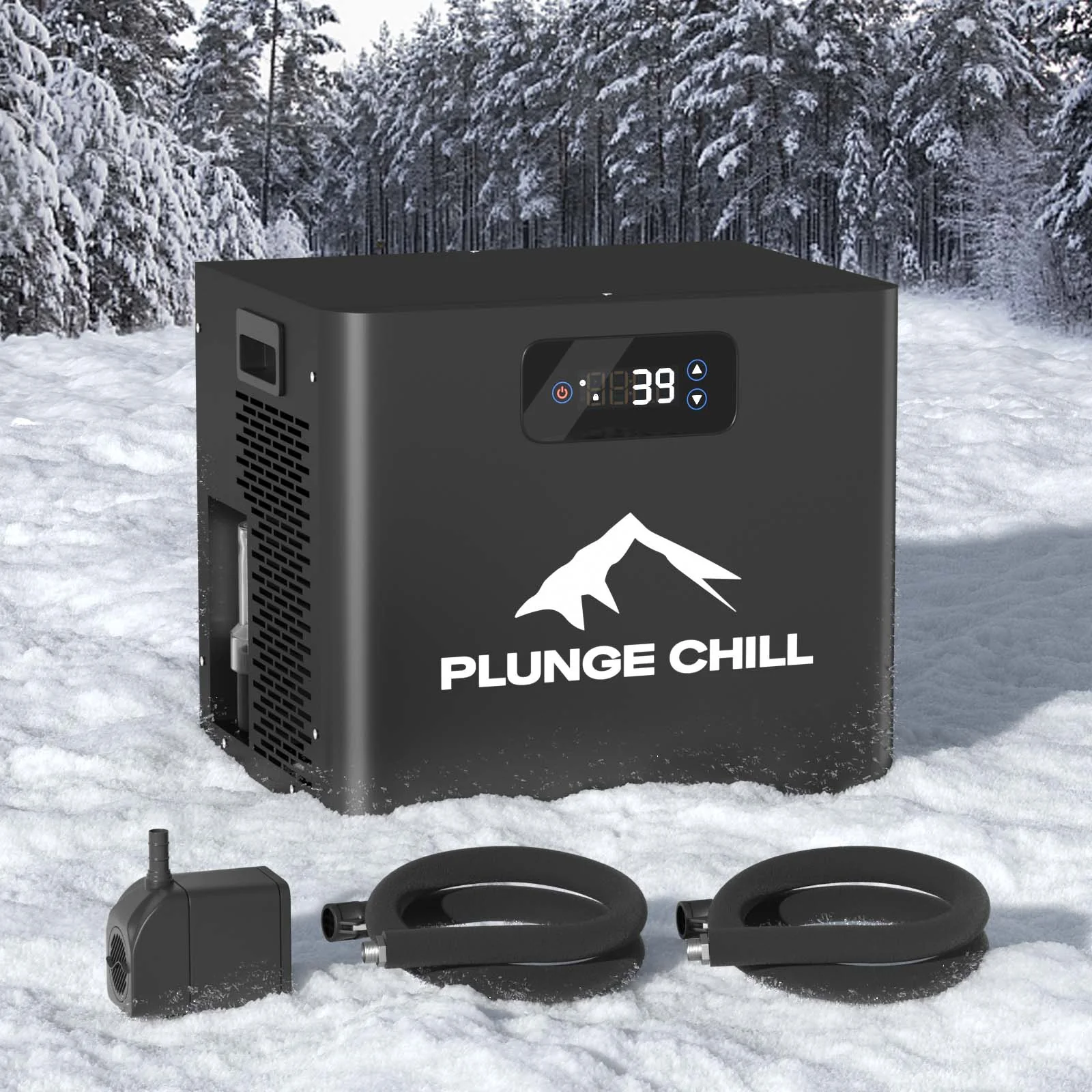 Plunge Chill cold-plunge chiller with hoses and pump in an outdoor setup.