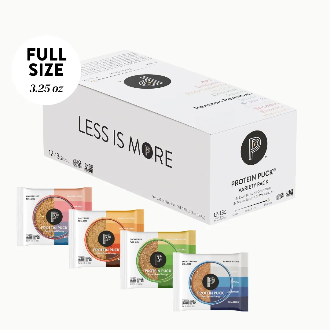 Protein Puck full-size variety pack of plant-based snack bars.