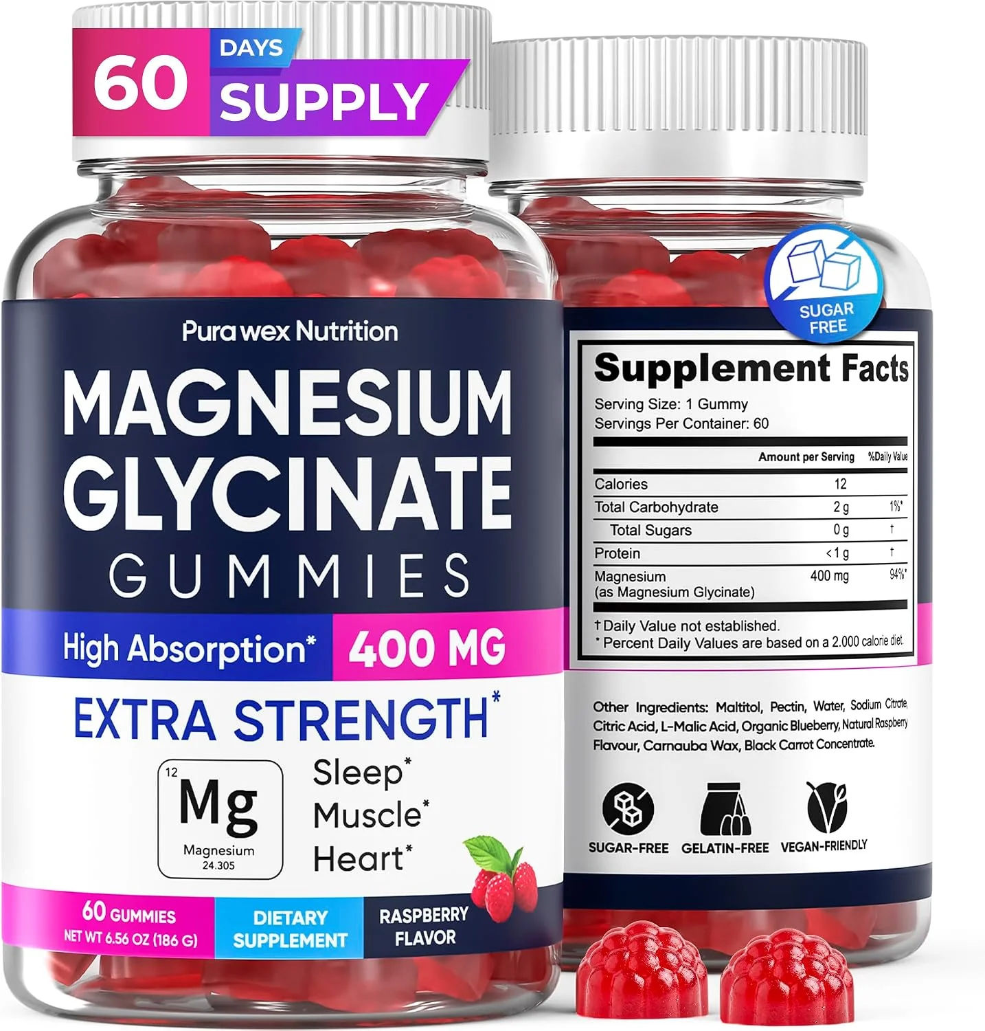 Pura Wex Magnesium Glycinate Gummies 400 mg, raspberry flavor, with Supplement Facts panel