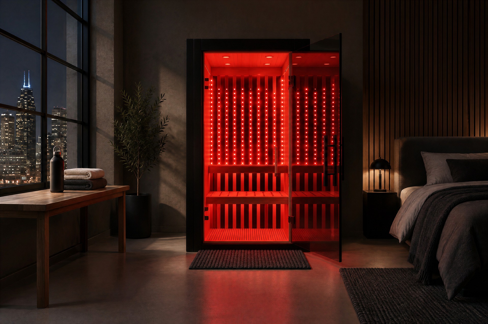 Illustrative custom-fit SaunaCloud Atlas One sauna in a room setting.