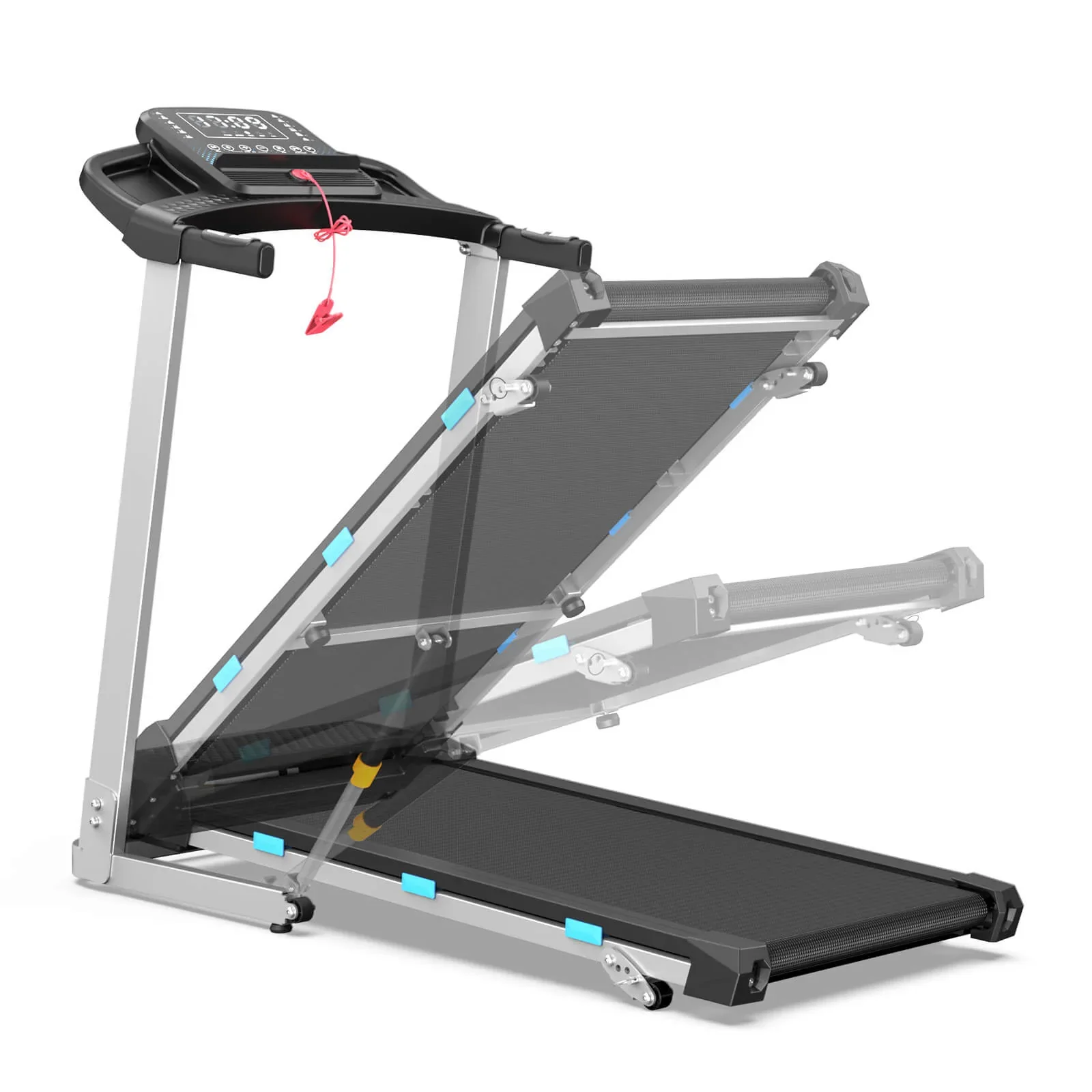 Official WellFit TM015 folding treadmill shown in its running and folded positions on a white background