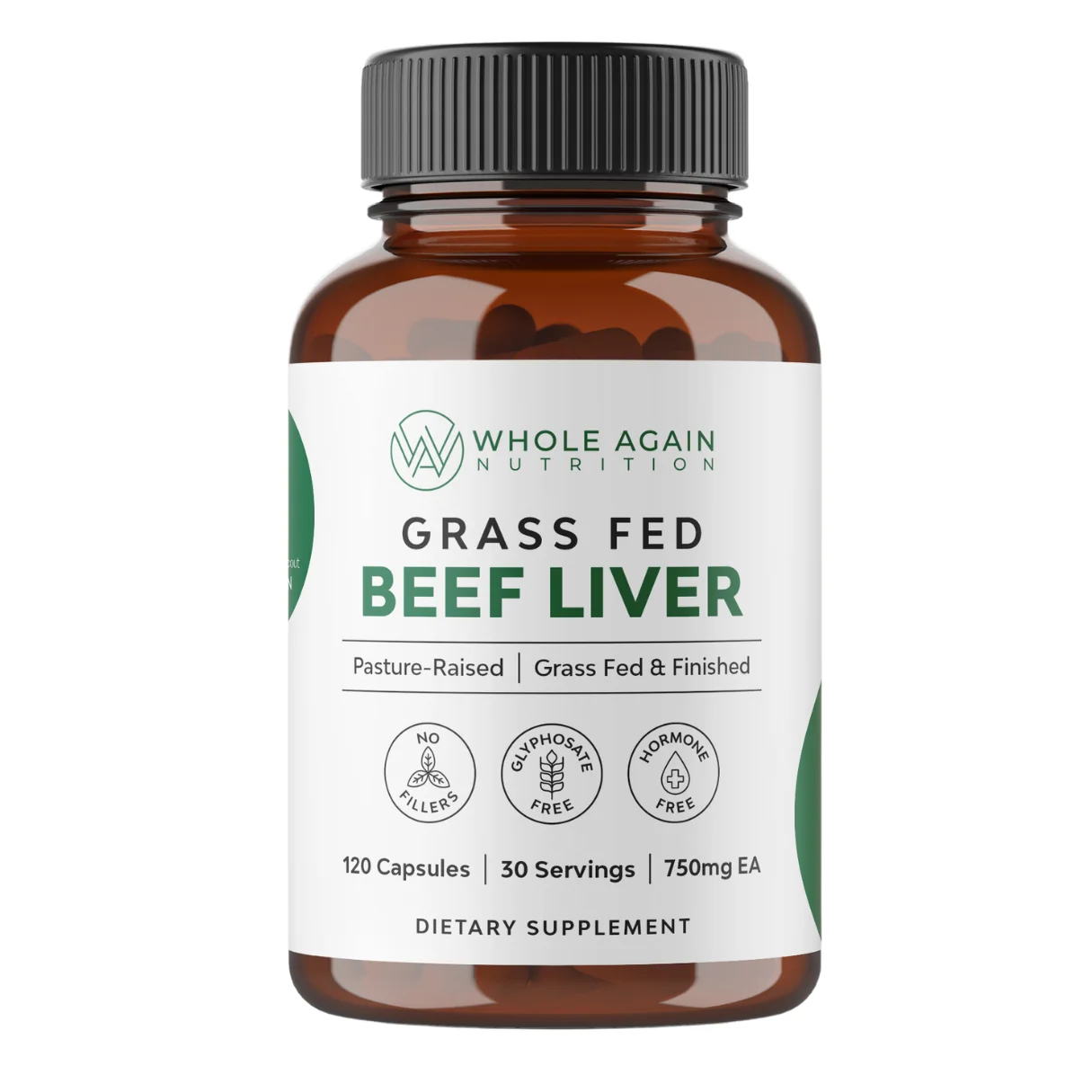 Whole Again Grass-Fed Beef Liver dietary supplement bottle.