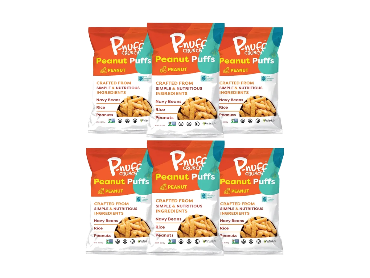 Six bags of Pnuff Crunch roasted peanut puffs on a transparent background