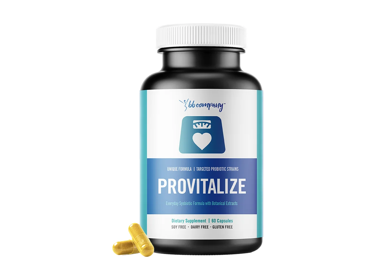 Official BB Company image of one Provitalize bottle and capsules.