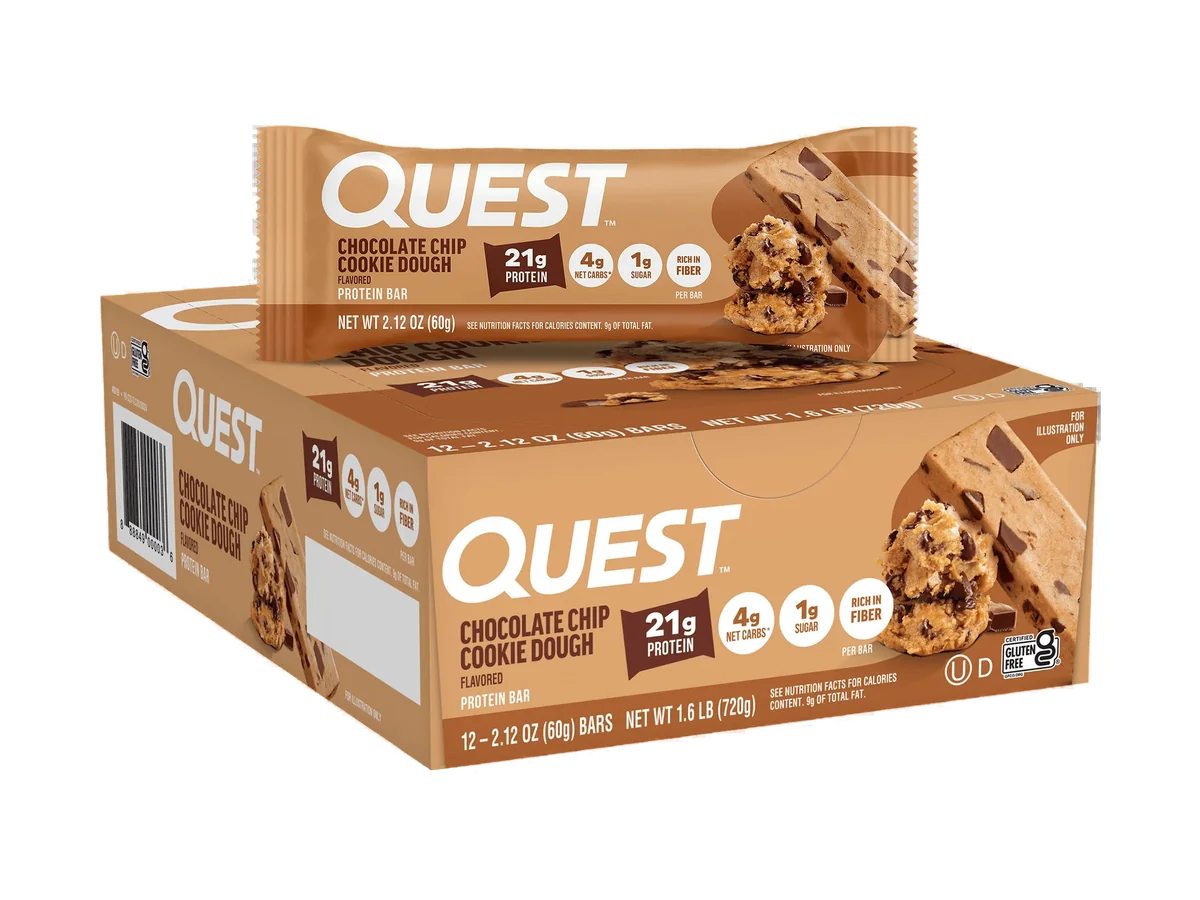 Quest Chocolate Chip Cookie Dough Protein Bars box and wrapped bar.