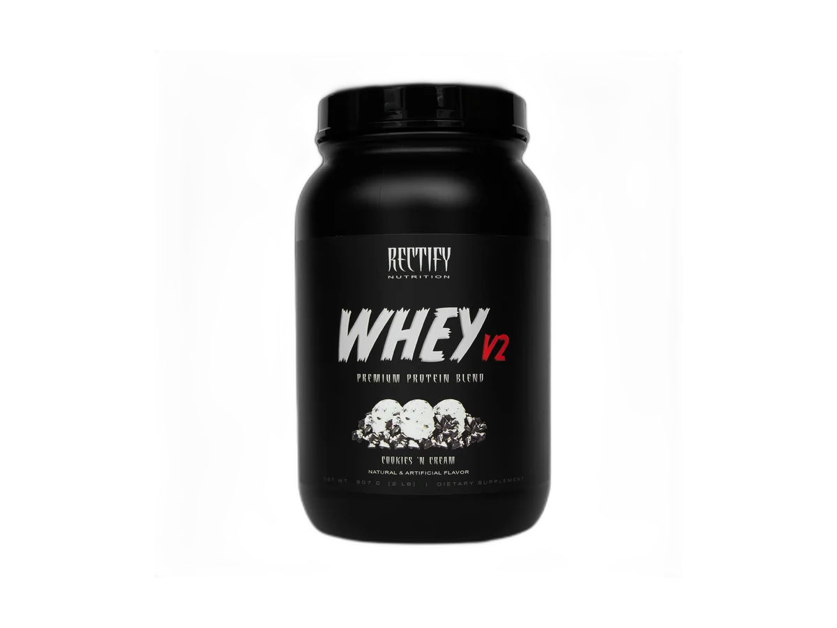 Rectify Nutrition Whey V2 Cookies 'n Cream tub shown alone against a light background