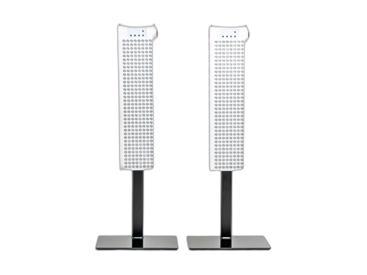 Two RedRush 840 PULSE panels with their floor stands isolated on a transparent background