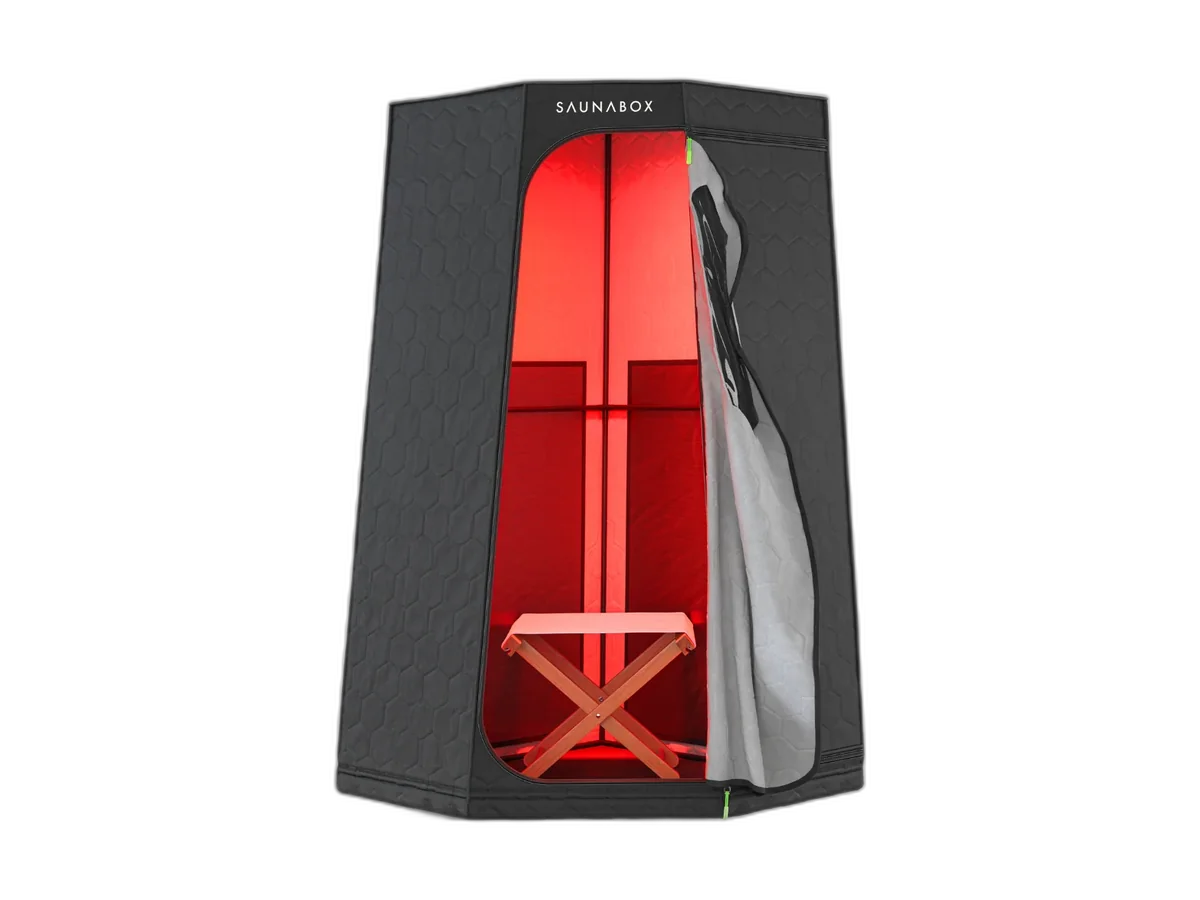 SAUNABOX Pulse PRO foldable infrared sauna enclosure on a transparent background