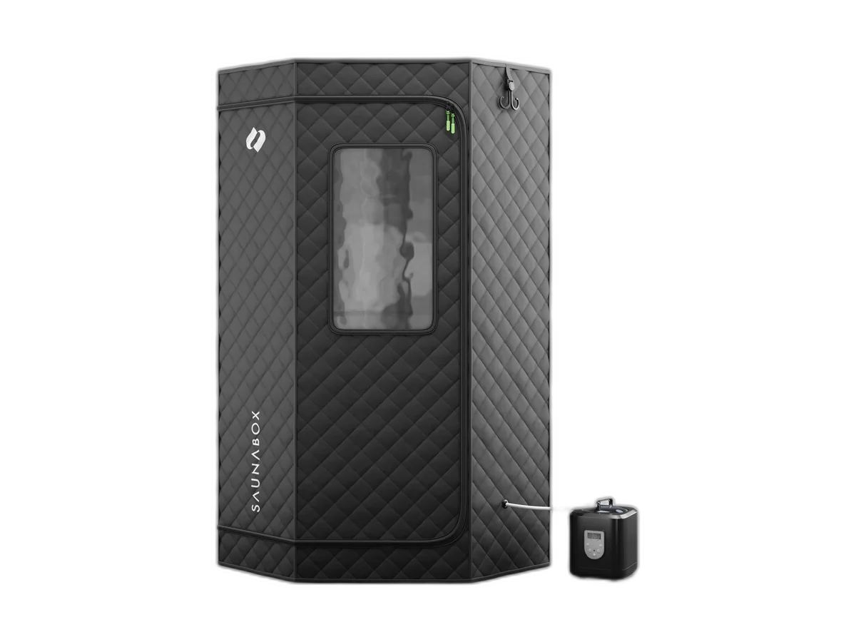 SAUNABOX SmartSteam Pro pop-up steam tent and generator on a transparent background