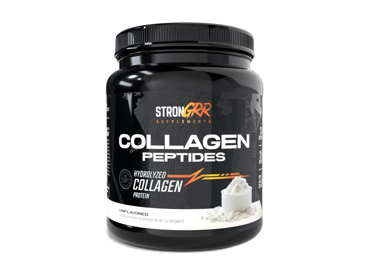 Front view of the StronGRR Supplements Collagen Peptides jar on a transparent background