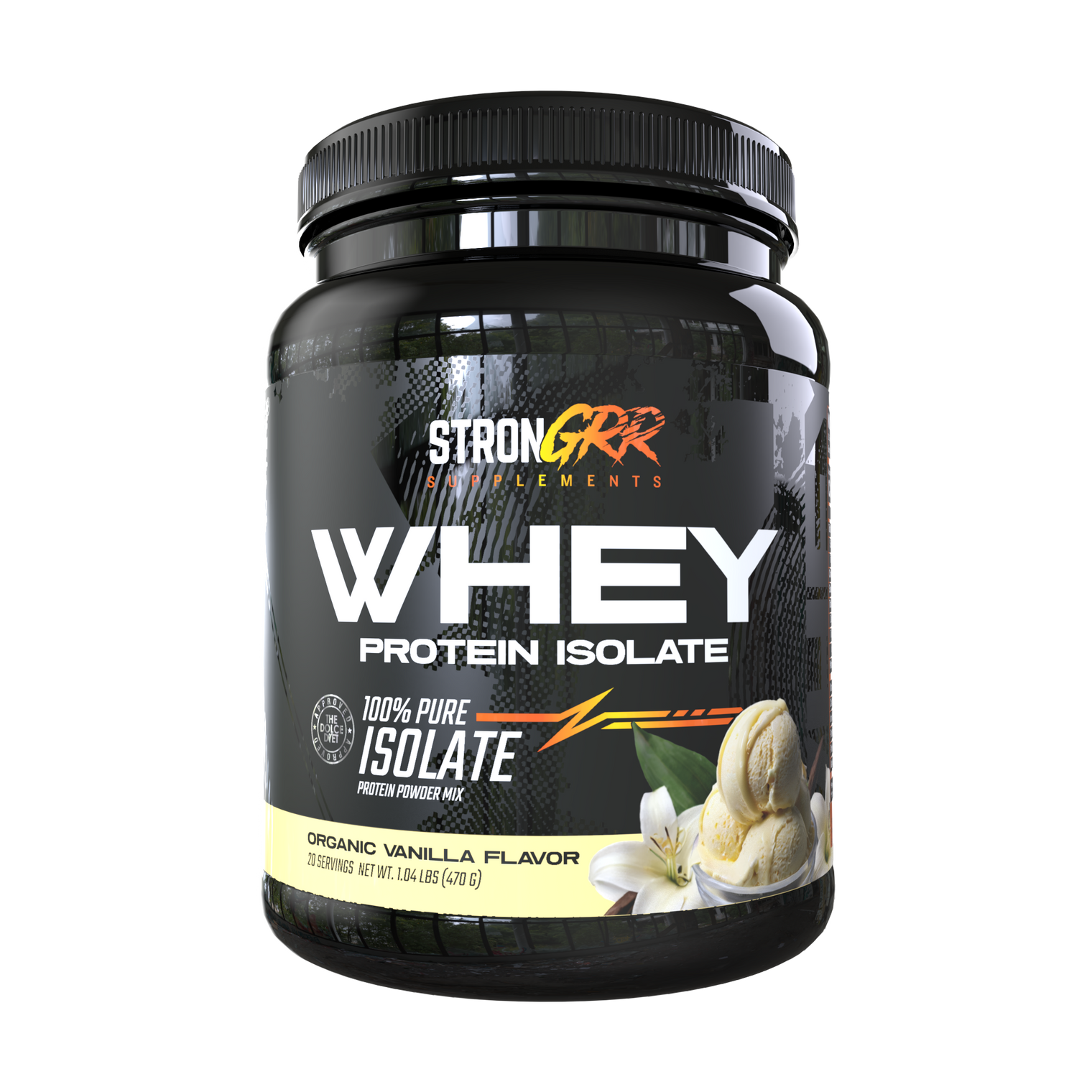 StronGRR Supplements vanilla whey protein isolate tub on a transparent background.