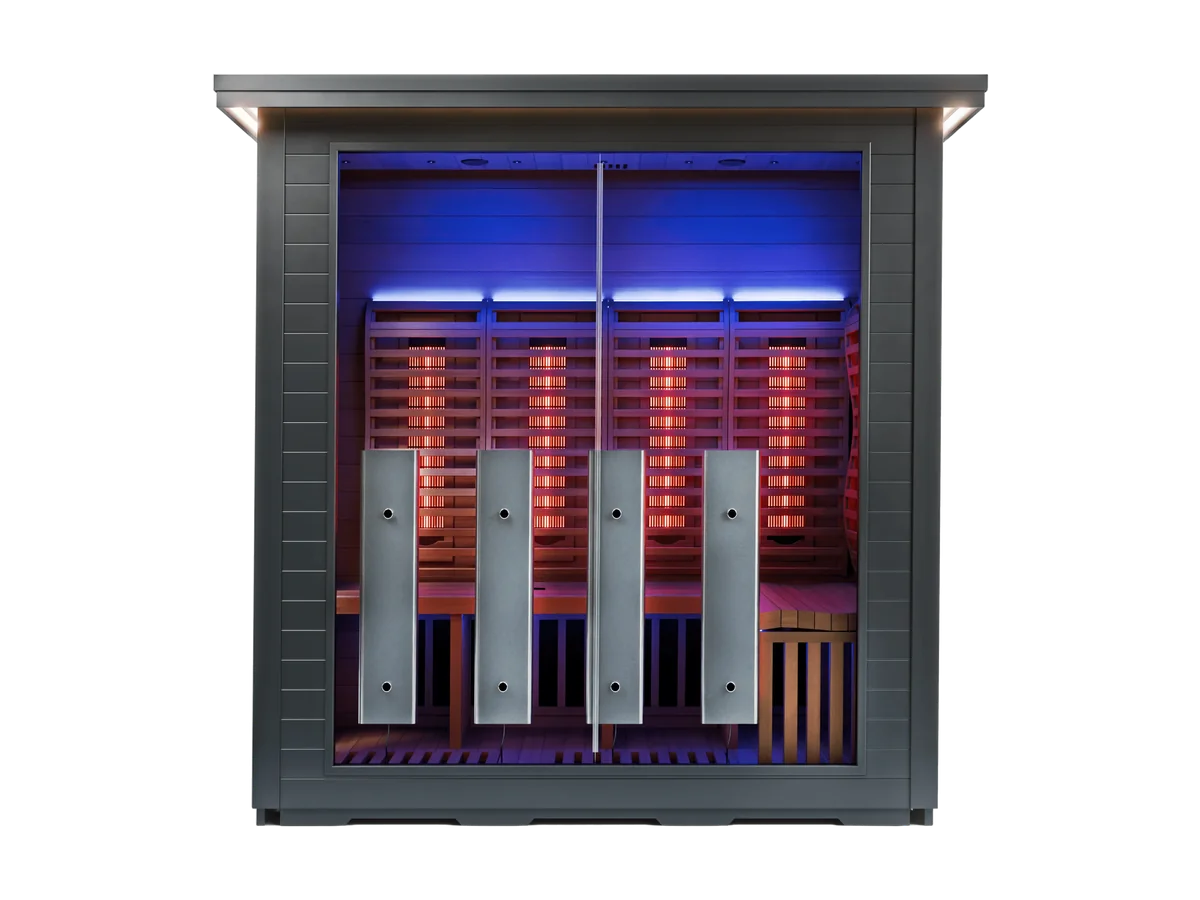 Sun Home Luminar 5-Person outdoor infrared sauna cabin, shown from the front.