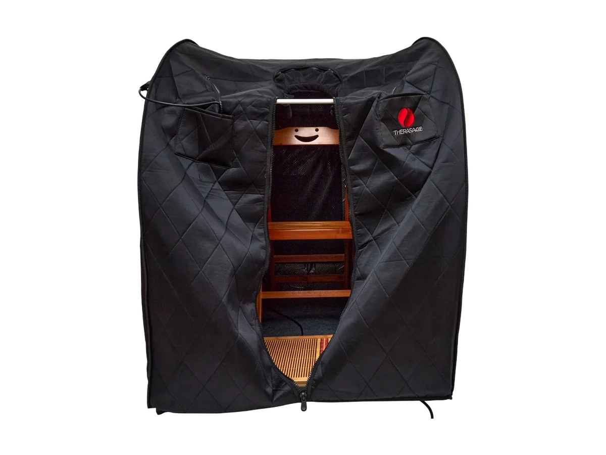 Therasage Thera360 Plus portable infrared sauna, open with its chair and interior panels, on a transparent background