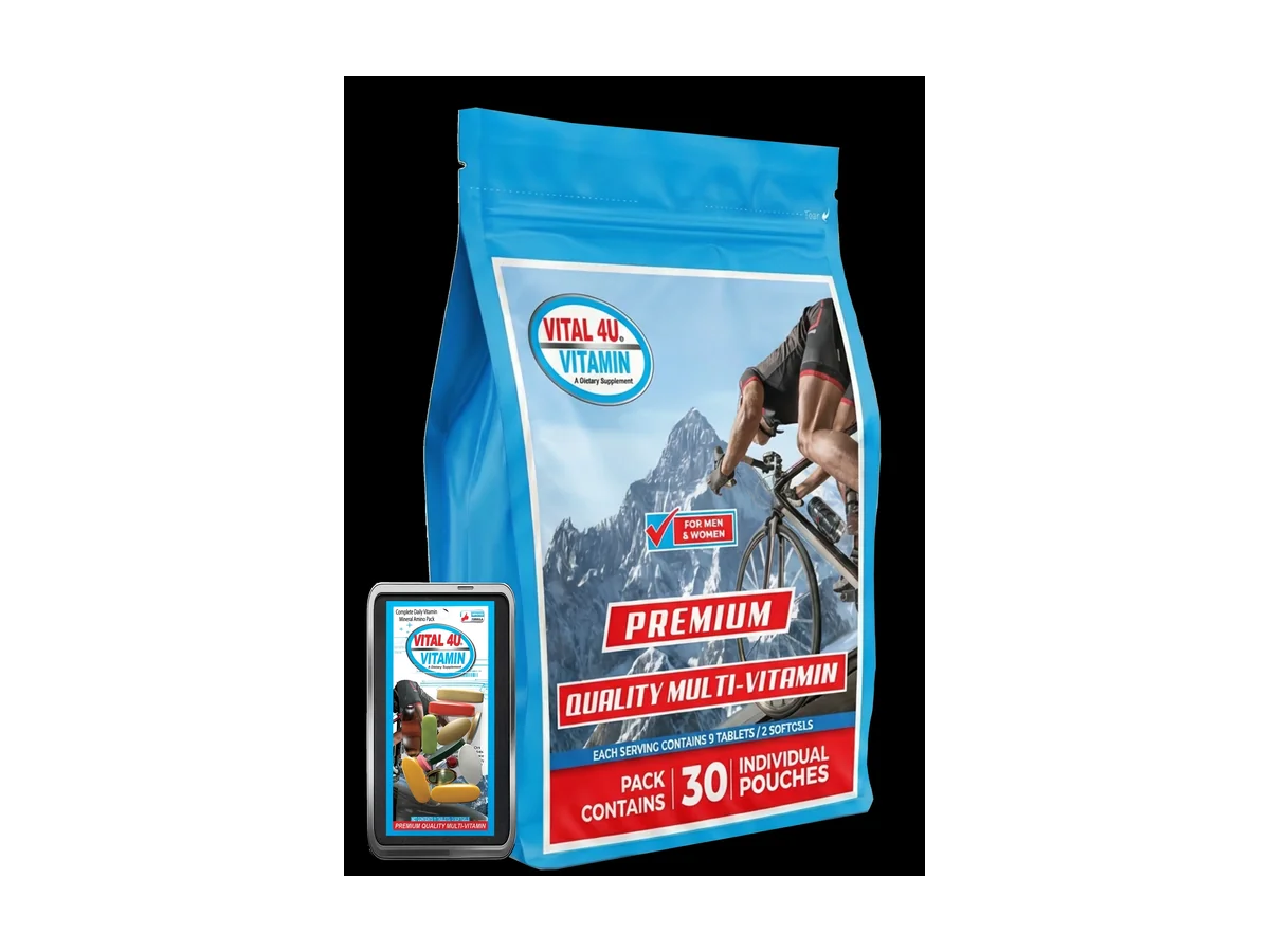 Official blue Vital 4U Premium Multivitamin pouch product image.
