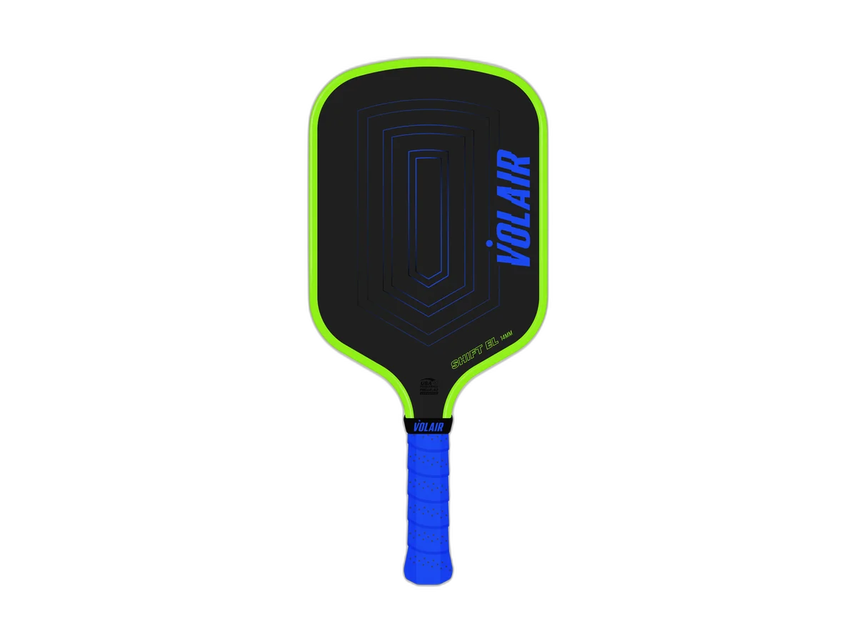 Blue, green, and black Volair SHIFT EL pickleball paddle