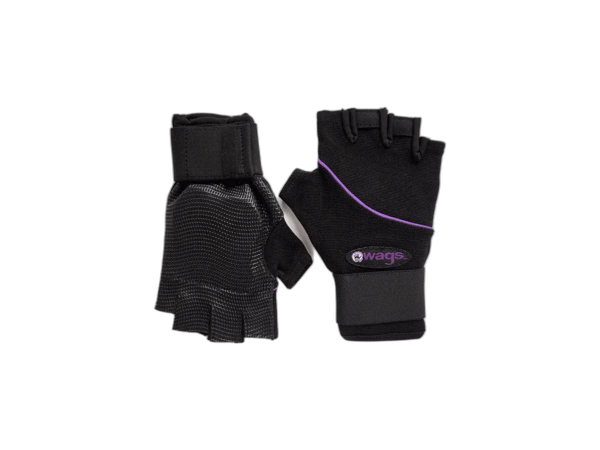 Pair of black WAGs Ultra wrist support gloves with purple trim.