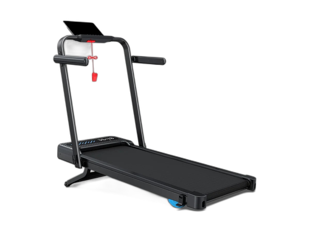 Black WellFit TM037 Pro treadmill shown unfolded with side rails and safety key