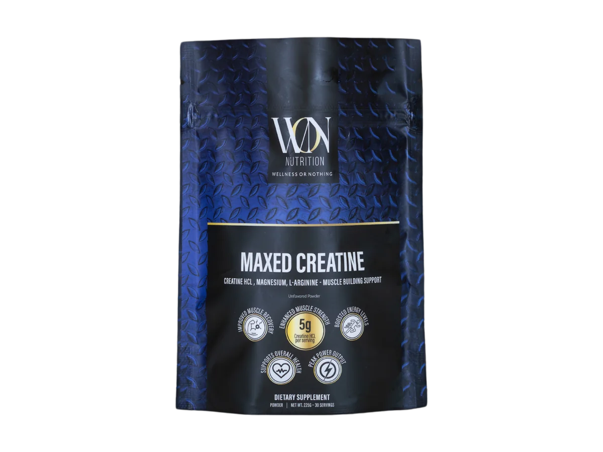 WON Nutrition Maxed Creatine unflavored powder pouch, front view.