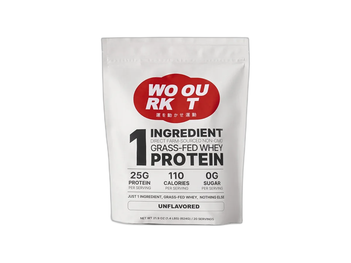 White Workout Foods unflavored whey protein isolate pouch with its front label visible.